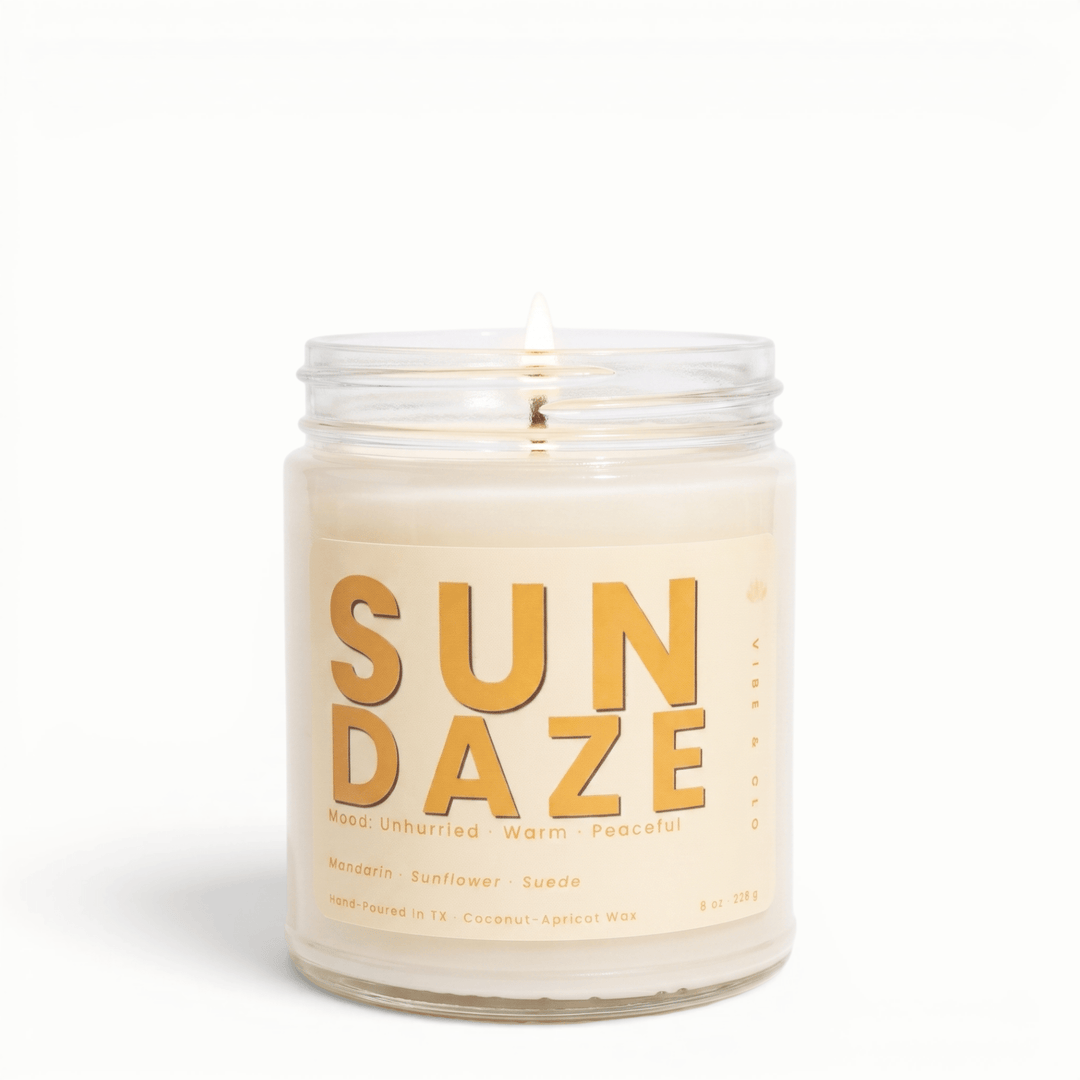 Sun Daze mandarin sunflower suede candle in glass jar, warm sunny coconut apricot wax candle for a relaxed summer home vibe