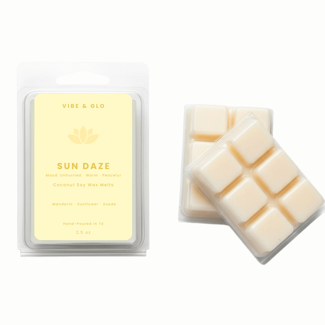 Sun Daze coconut soy wax melts by Vibe & Glo featuring mandarin, sunflower, and suede in a 2.5 oz spring wax melt clamshell.