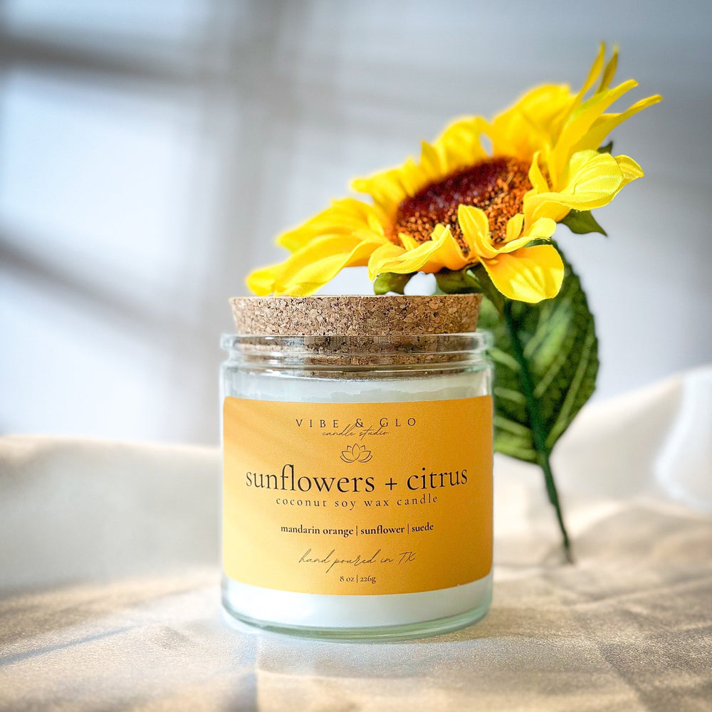 
                  
                    Sunflowers + Citrus Coconut Soy Candle | 8 oz - Vibe & Glo Candle Studio
                  
                