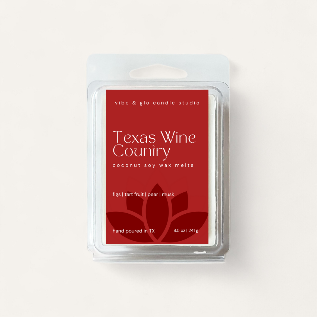 Pack of Texas Wine Country coconut soy wax melts by vibe & glo candle studio on a white background
