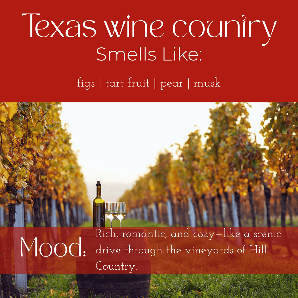 Vineyard scene with text about Texas wine country and its aroma.