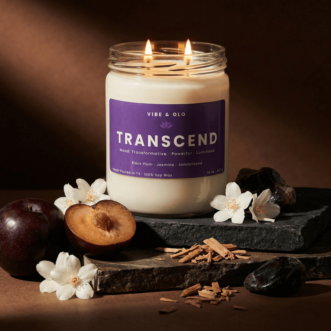 Transcend double wick soy candle burning on stacked stone with black plum, jasmine flowers, and sandalwood pieces, capturing a warm, moody luxury candle scene with soft ambient lighting.