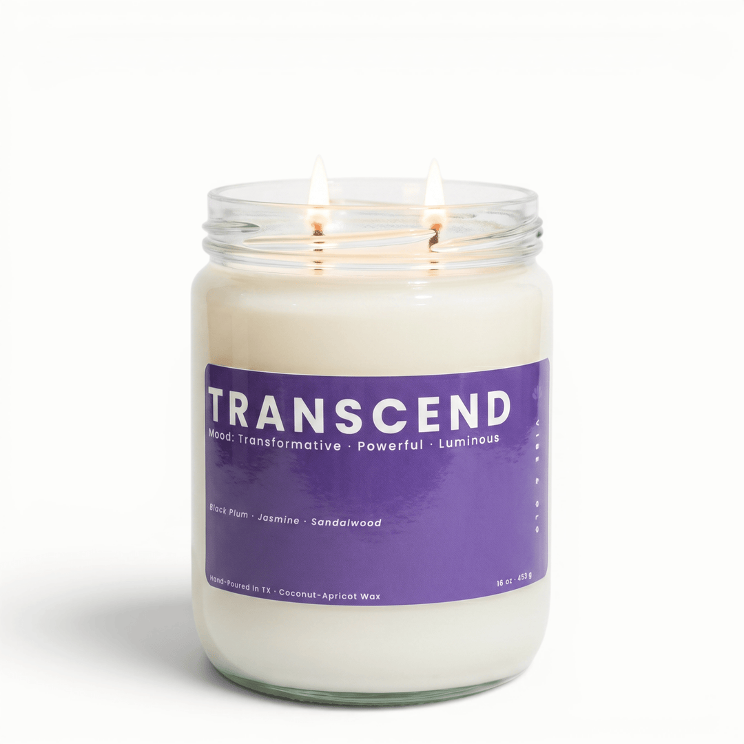 Transcend 2 wick candle with black plum jasmine and sandalwood in glass jar, deep floral coconut apricot wax candle for an elevated mood