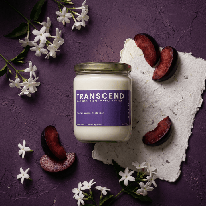 Transcend 2-wick candle styled with fresh plum slices and jasmine flowers, highlighting deep fruity and floral fragrance notes