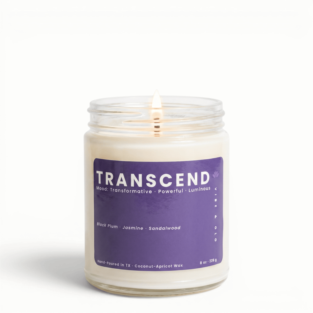 Transcend black plum jasmine sandalwood candle in glass jar, deep floral scented coconut apricot wax candle for a bold elevated vibe
