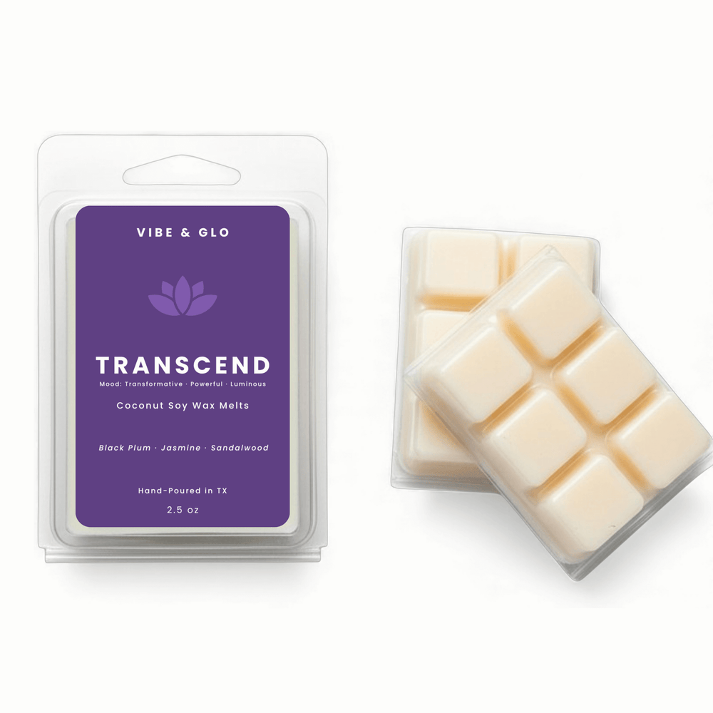 Vibe & Glo Transcend coconut soy wax melts packaging on a white background
