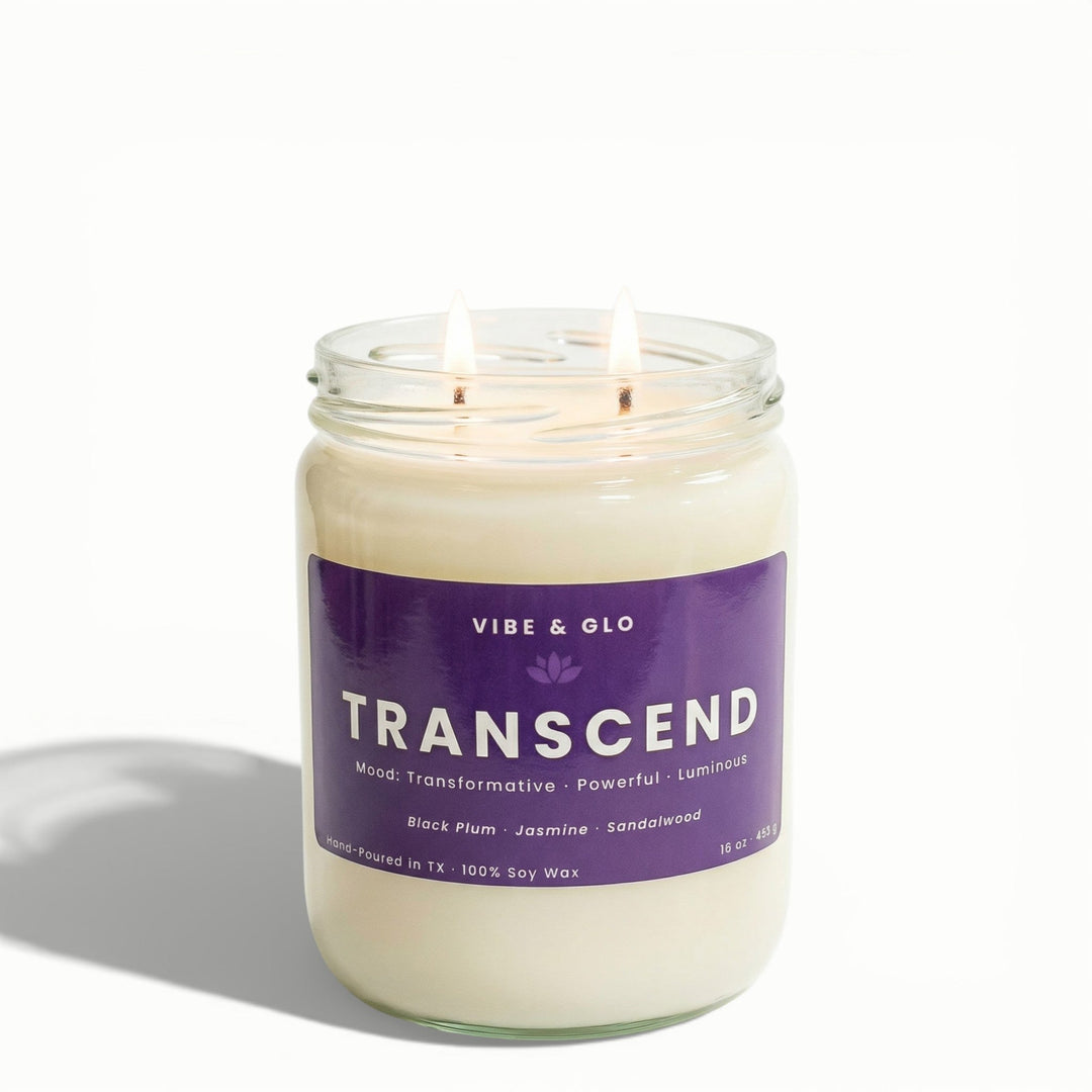 Transcend – Double Wick Black Plum, Jasmine & Sandalwood Soy Candle | 16 oz - Vibe & Glo Candle Studio