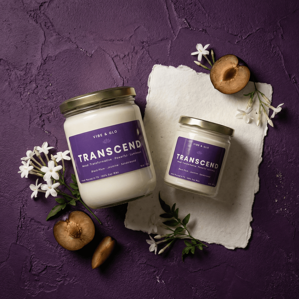 Transcend wooden wick soy candle in 16 oz and 8 oz jars styled with plums and florals, featuring black plum, jasmine, and sandalwood notes.