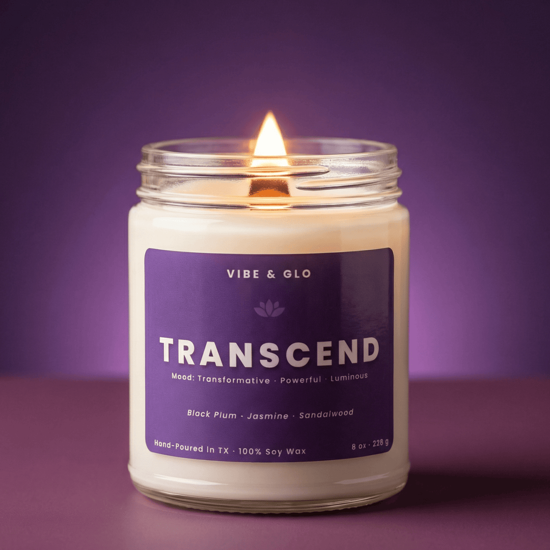 Transcend wooden wick soy candle by Vibe and Glo with black plum jasmine sandalwood deep luxurious sensual scent
