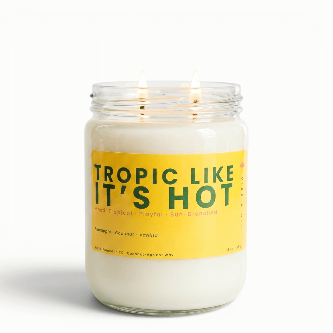 Tropic Like It’s Hot 2 wick candle with pineapple coconut and vanilla in glass jar, tropical coconut apricot wax candle for a summer home vibe