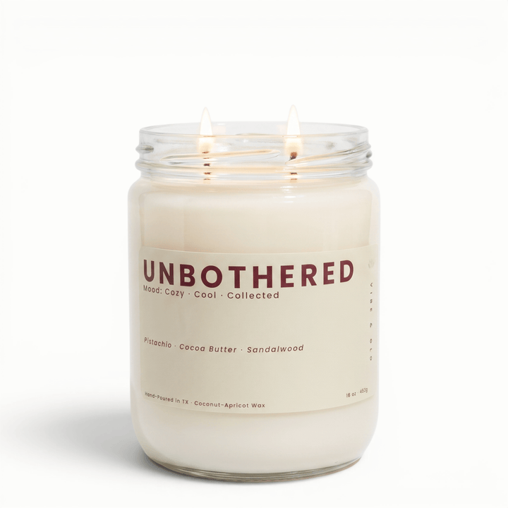 Unbothered 2 wick candle with pistachio cocoa butter and sandalwood in glass jar, cozy coconut apricot wax candle for a relaxed vibe
