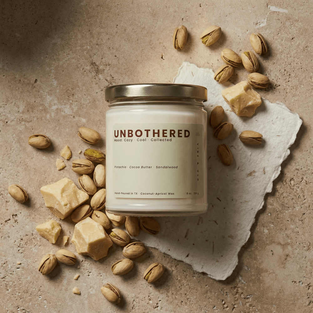 Unbothered jar candle styled with pistachios and cocoa butter, cozy gourmand scent with sandalwood in coconut apricot wax