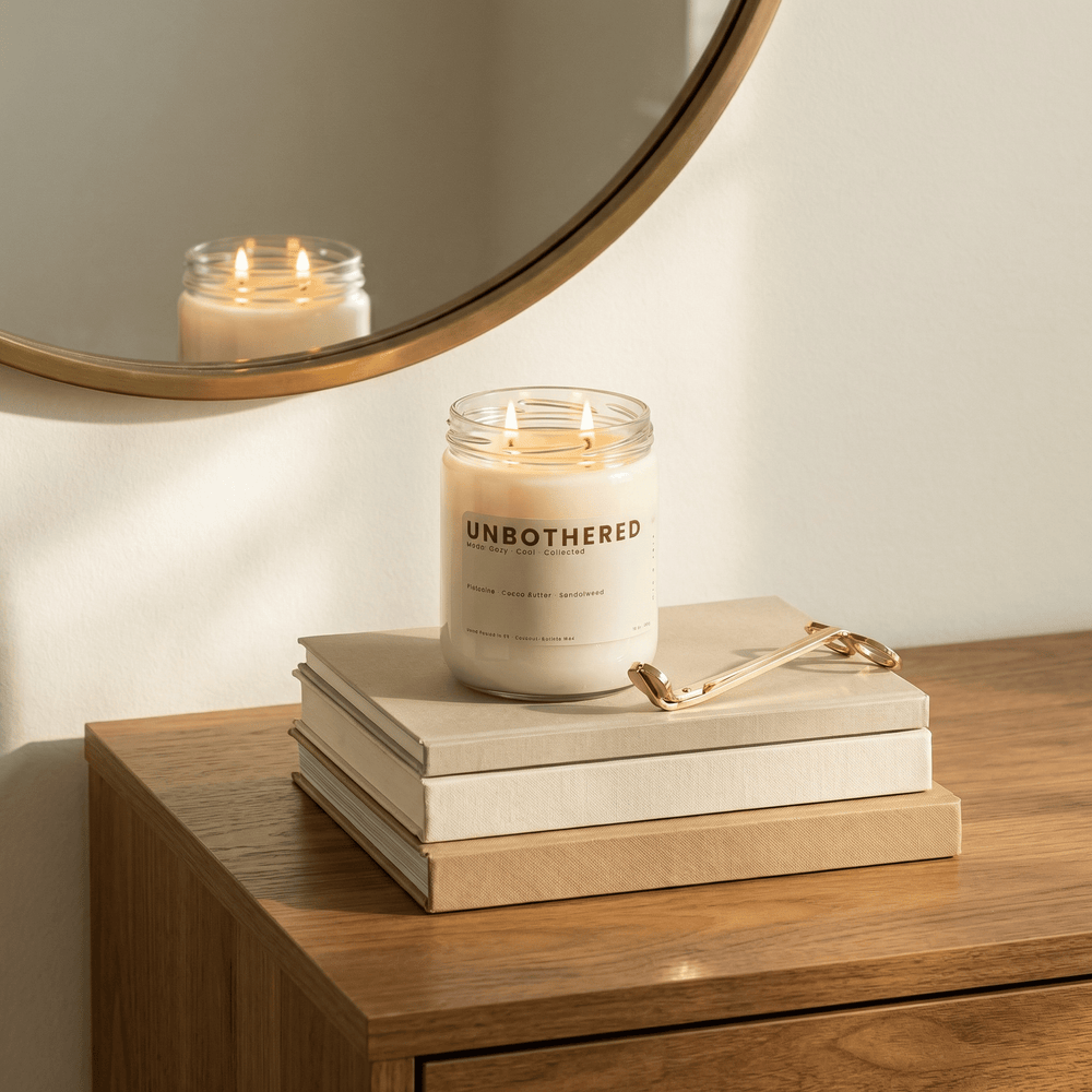 Unbothered candle on stacked books with mirror reflection, cozy neutral home decor candle creating calm and collected atmosphere