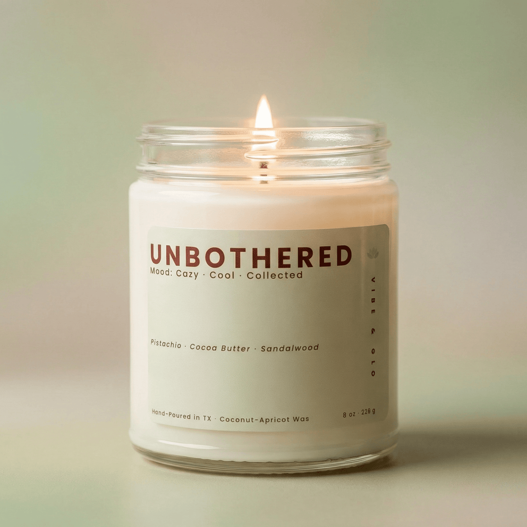 Unbothered jar candle burning in soft neutral setting, warm cozy scent with pistachio cocoa butter and sandalwood