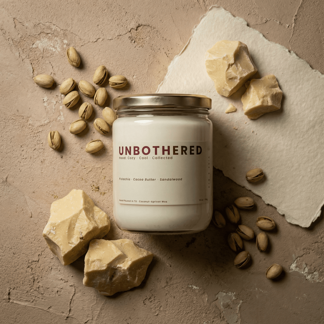 Unbothered candle styled with pistachios and cocoa butter chunks, cozy gourmand candle with creamy warm scent and soft neutral tones