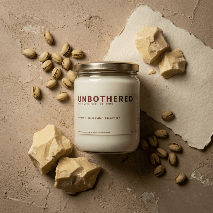 Unbothered candle styled with pistachios and cocoa butter chunks, cozy gourmand candle with creamy warm scent and soft neutral tones
