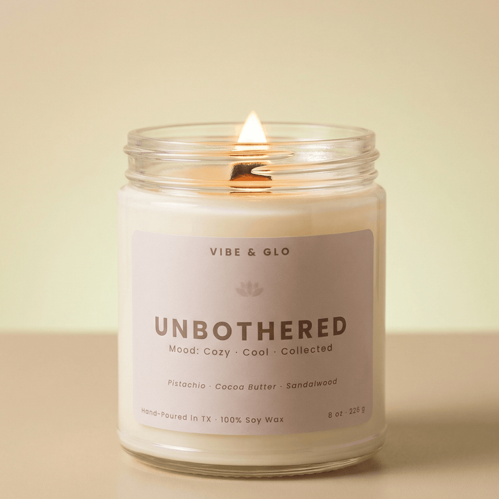 Unbothered wooden wick soy candle by Vibe and Glo with pistachio cocoa butter sandalwood cozy calm relaxing scent