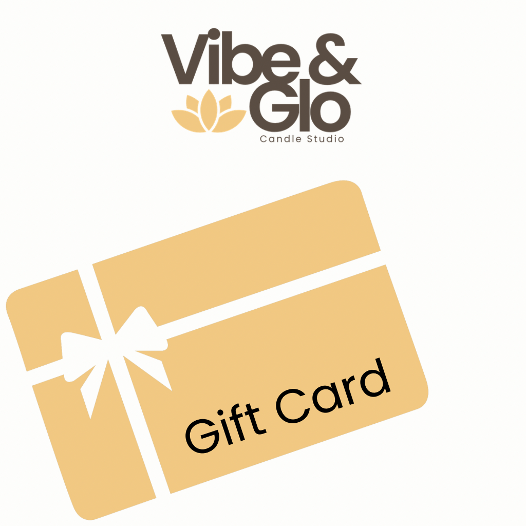 Gift card with a white bow on a white background, featuring the 'Vibe & Glo Candle Studio' logo.