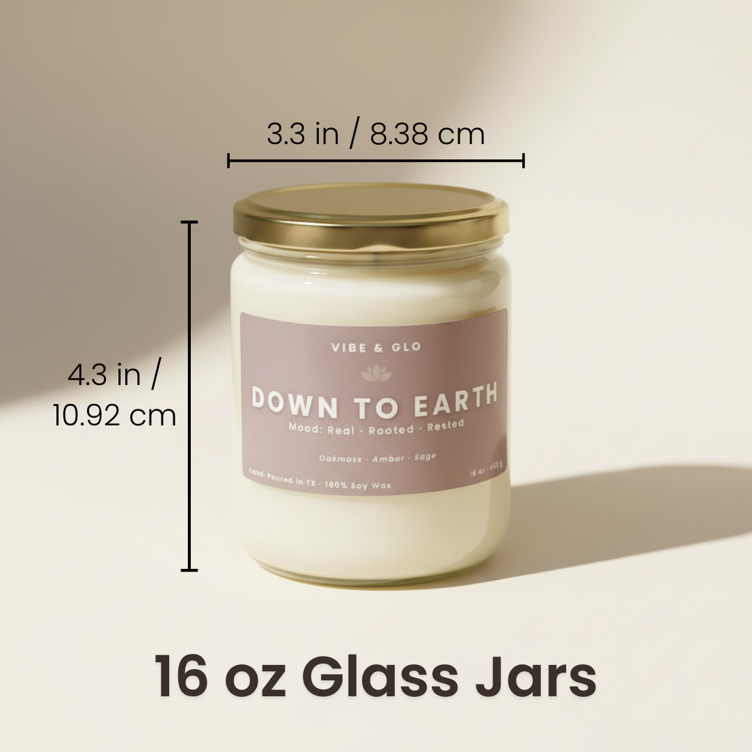 16 oz Vibe & Glo soy candle in clear glass jar with gold lid, displaying candle jar dimensions with 3.3 inch diameter and 4.3 inch height