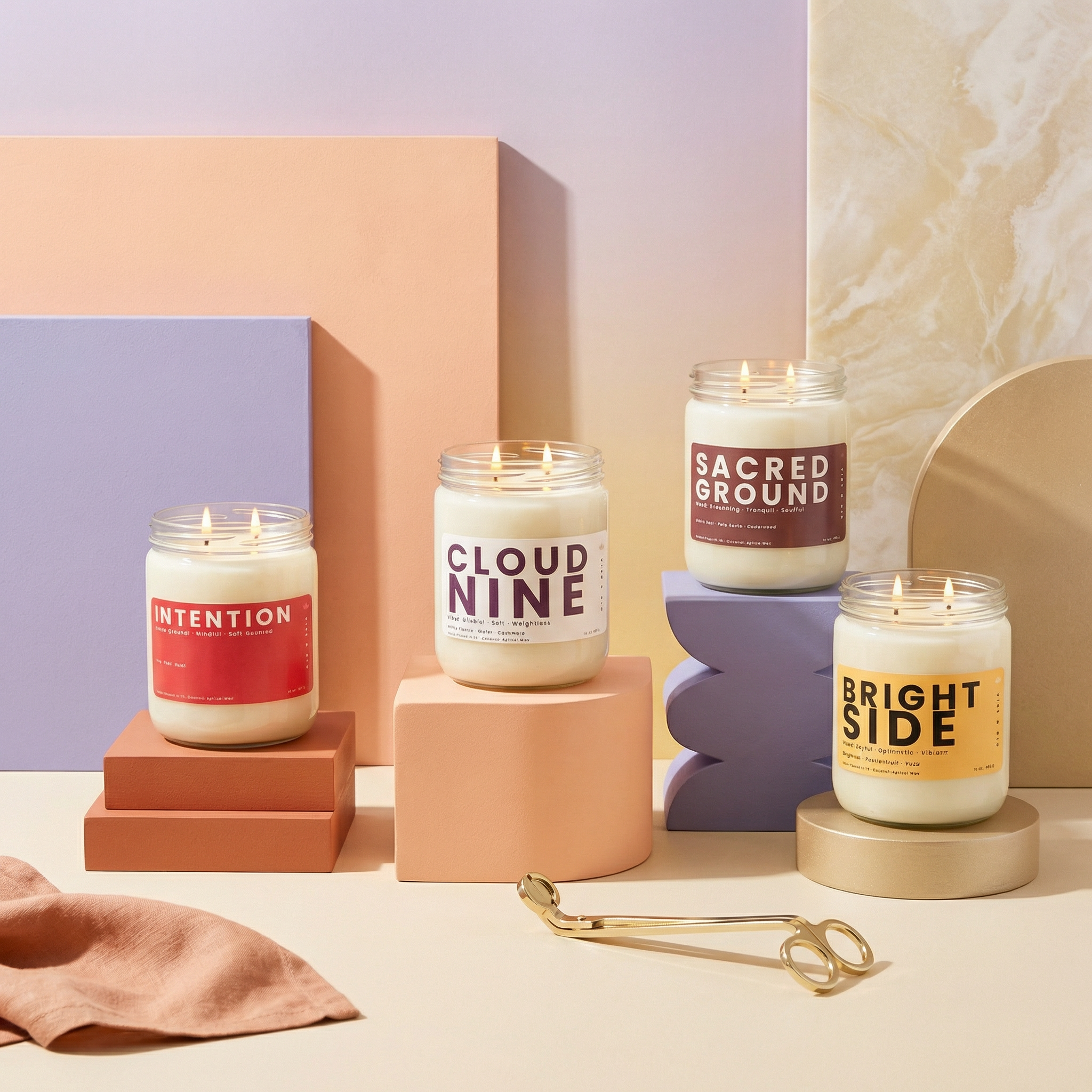 Vibe and Glo candle collection featuring Intention, Cloud Nine, Sacred Ground, and Bright Side 2 wick candles styled in a modern colorful setting with dual flames