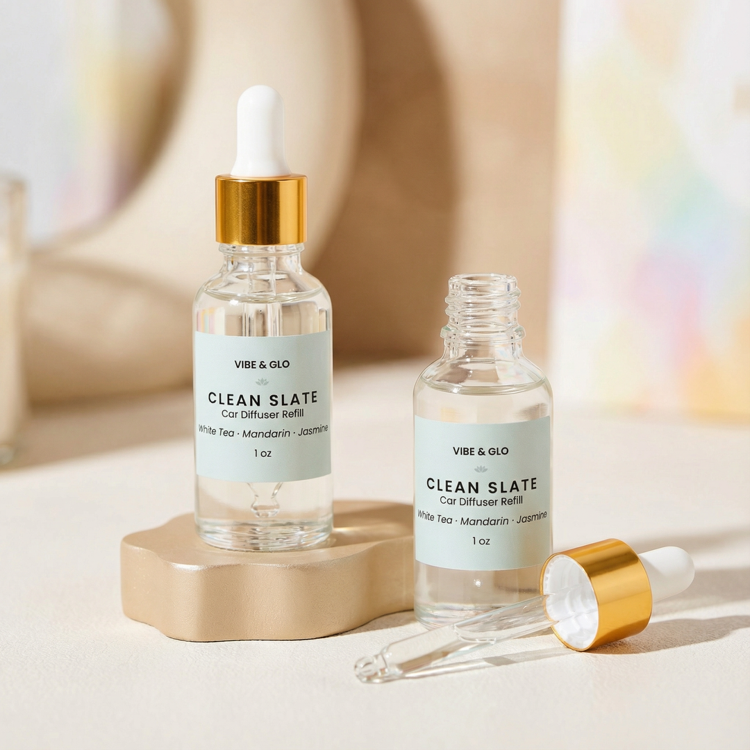 Vibe & Glo car diffuser refill bottle with gold dropper cap and visible fragrance oil, styled in a bright, modern lifestyle setting