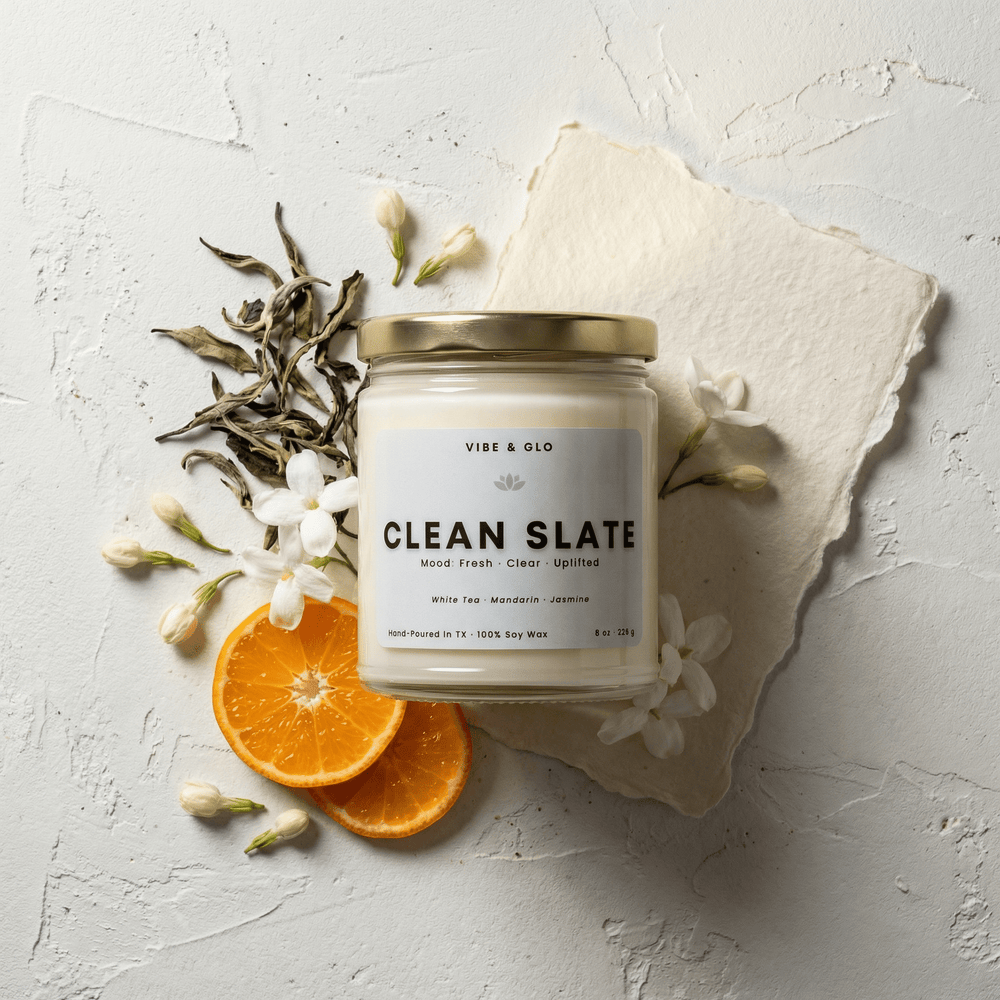 Clean Slate 8 oz soy candle by Vibe & Glo featuring white tea, mandarin, and jasmine with citrus slices and tea leaves on a light textured background.