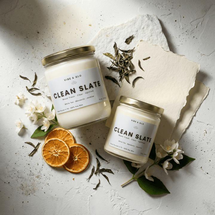 Clean Slate soy candles in 16 oz and 8 oz glass jars with gold lids, styled with dried orange slices, white jasmine blooms, and loose tea leaves on textured paper.