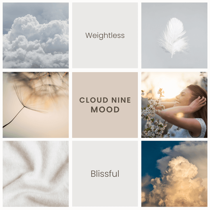 Cloud Nine scent mood graphic by Vibe & Glo inspired by soft cashmere and a blissful, weightless atmosphere.