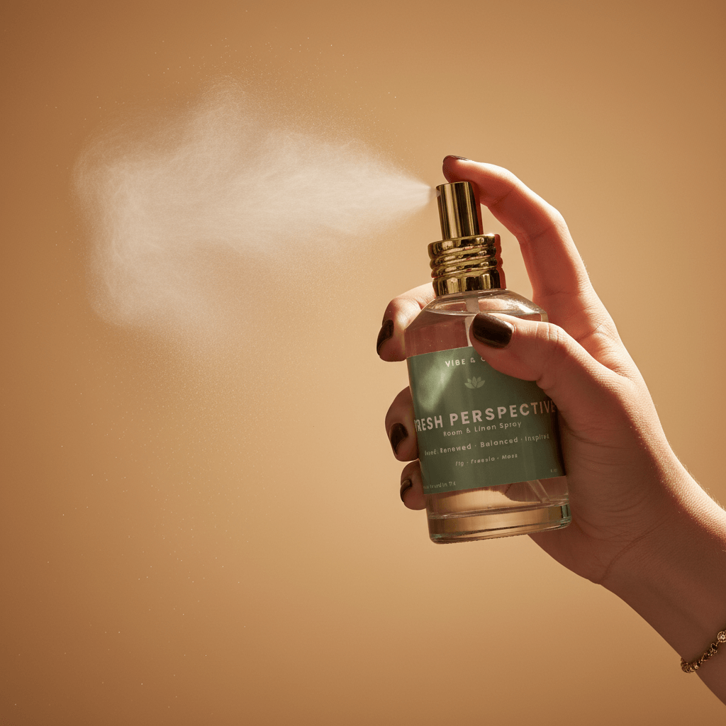 Hand spraying Vibe & Glo Fresh Perspective room and linen spray, mist dispersing against a warm neutral background for a fresh, balanced home fragrance moment.