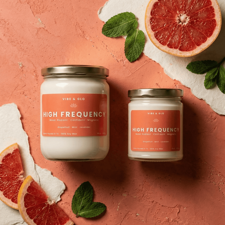 High Frequency grapefruit and mint soy candles in 16 oz and 8 oz glass jars with gold lids, styled with fresh grapefruit slices and mint leaves on a coral background.