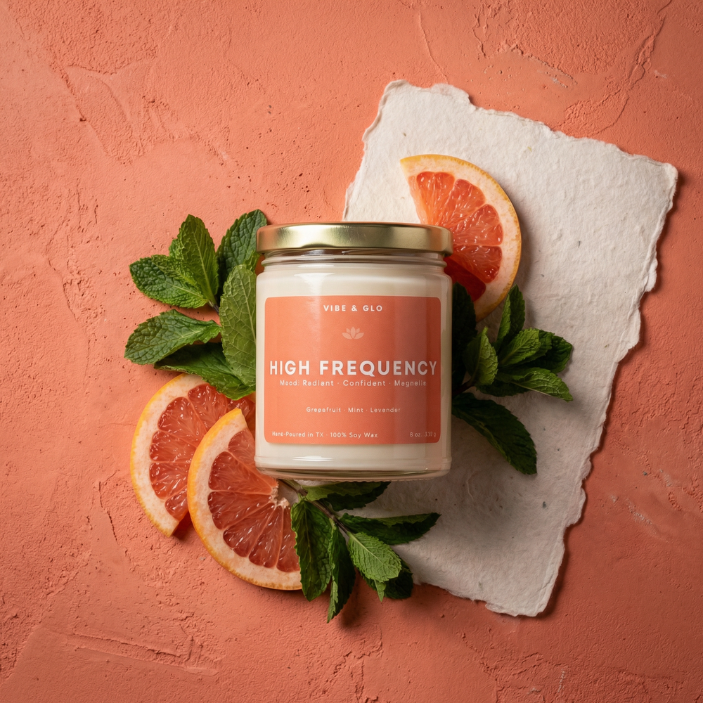 High Frequency soy candle by Vibe & Glo with grapefruit, mint, and lavender, styled with fresh grapefruit slices and mint leaves on a coral background.
