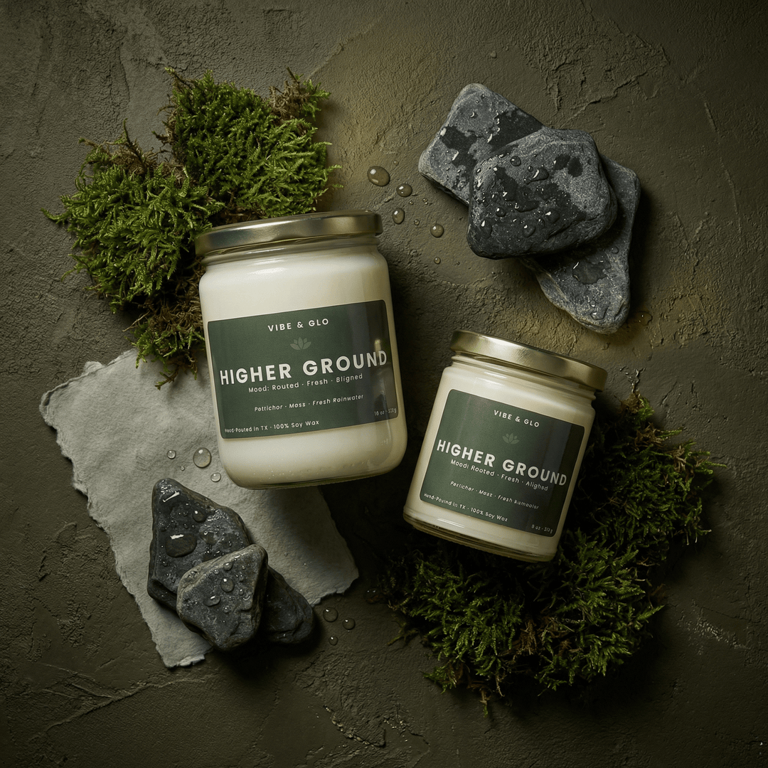 Higher Ground soy candles in 16 oz and 8 oz glass jars with gold lids, styled with moss, wet stones, and water droplets to reflect petrichor and fresh rainwater notes.