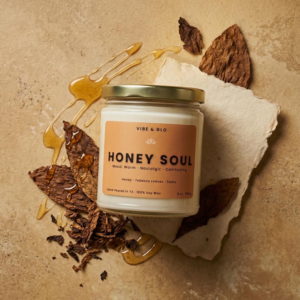 Honey Soul 8 oz soy candle featuring honey, tobacco leaves, and tonka in a cozy flatlay with honey drizzle and warm amber tones.
