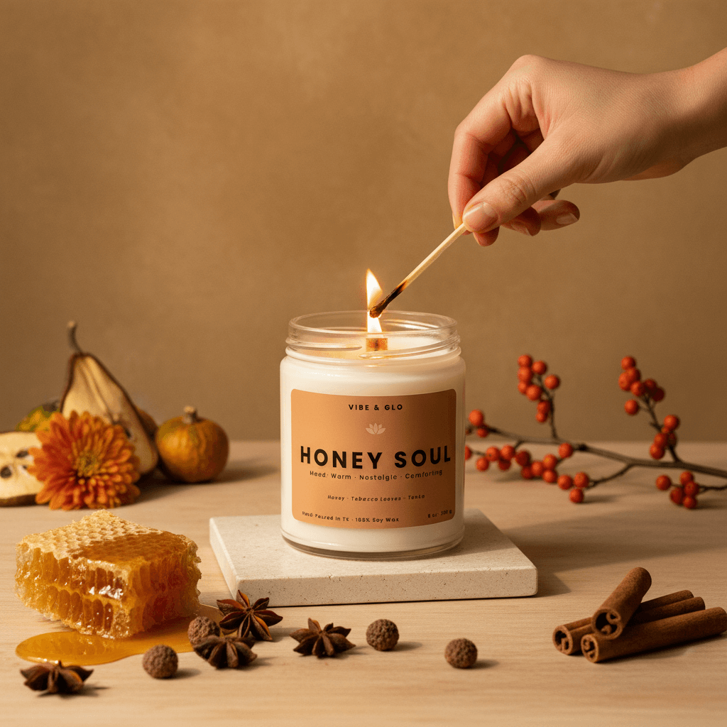 Hand lighting a candle labeled 'Honey Soul' with autumnal elements on a wooden surface.