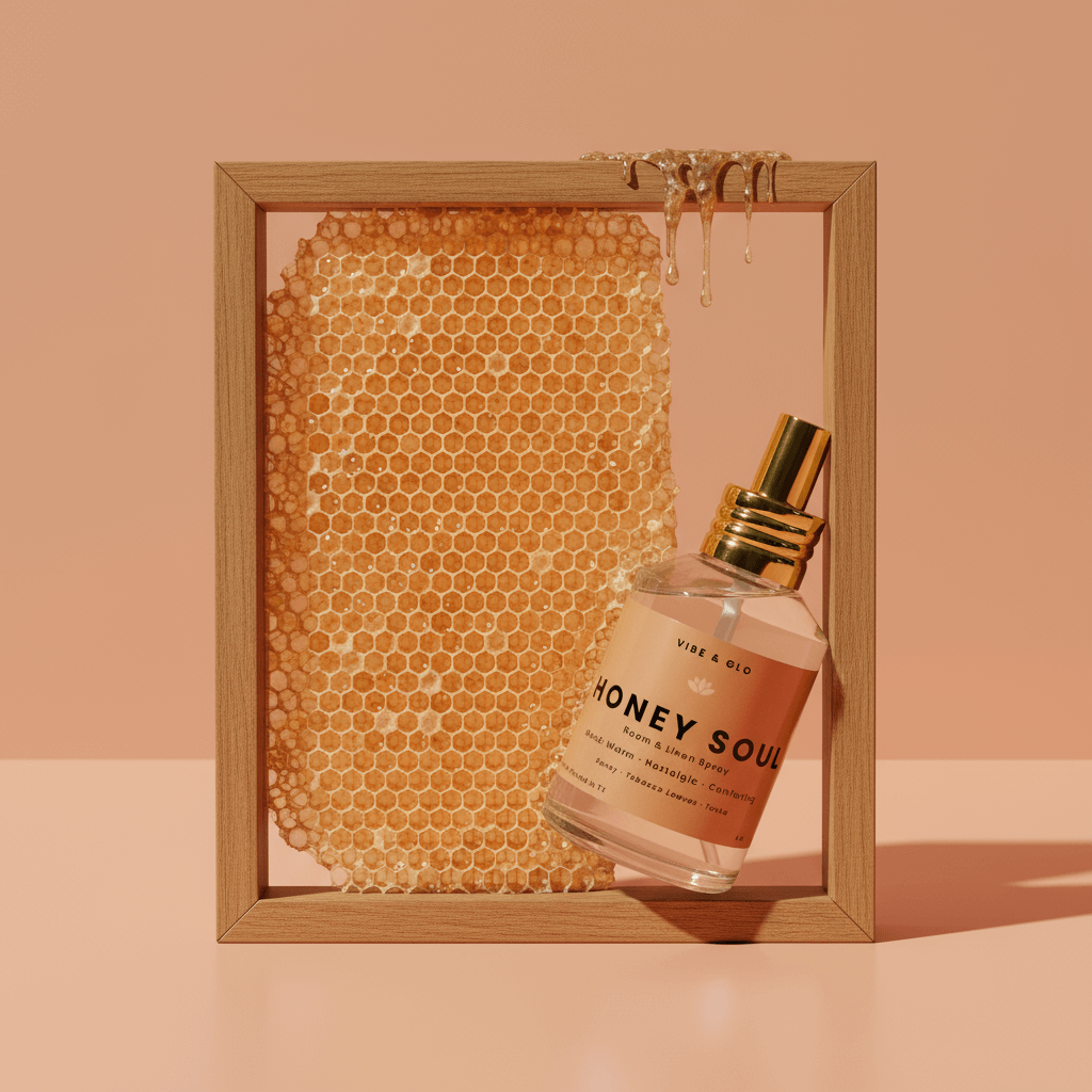 Vibe & Glo Honey Soul room and linen spray styled against a real honeycomb frame with dripping honey, creating a warm, sweet, cozy home fragrance aesthetic.