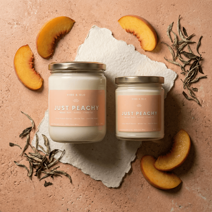 Just Peachy peach and white tea soy candles in 16 oz and 8 oz jars with gold lids, styled with fresh peach slices and loose tea leaves on a soft peach background.