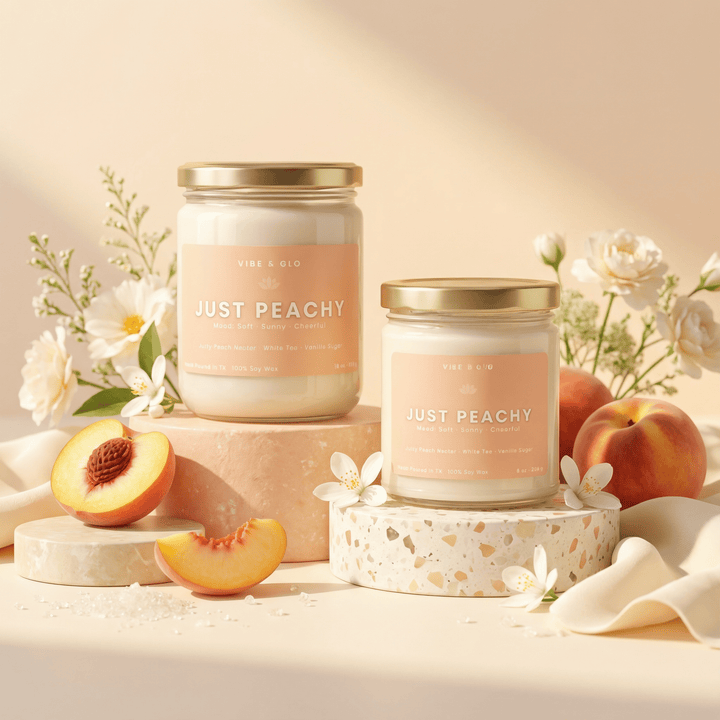Vibe & Glo “Just Peachy” soy candles styled with fresh peaches and white florals, showcasing a bright, cheerful peach-scented candle in a soft lifestyle setting.