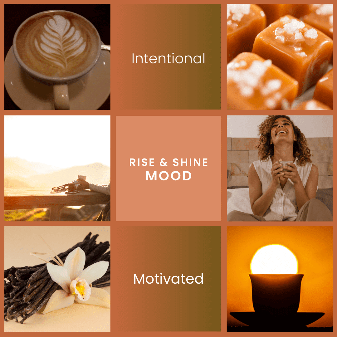 Rise & Shine scent mood graphic by Vibe & Glo inspired by morning coffee, creamy vanilla, and an intentional, motivated energy.