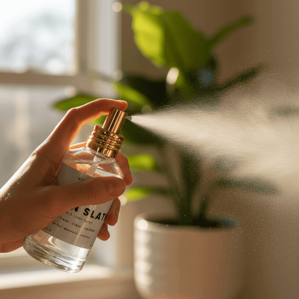 Hand spraying Vibe & Glo room and linen spray in warm sunlight, mist dispersing in front of a green houseplant for a clean, fresh home fragrance moment.