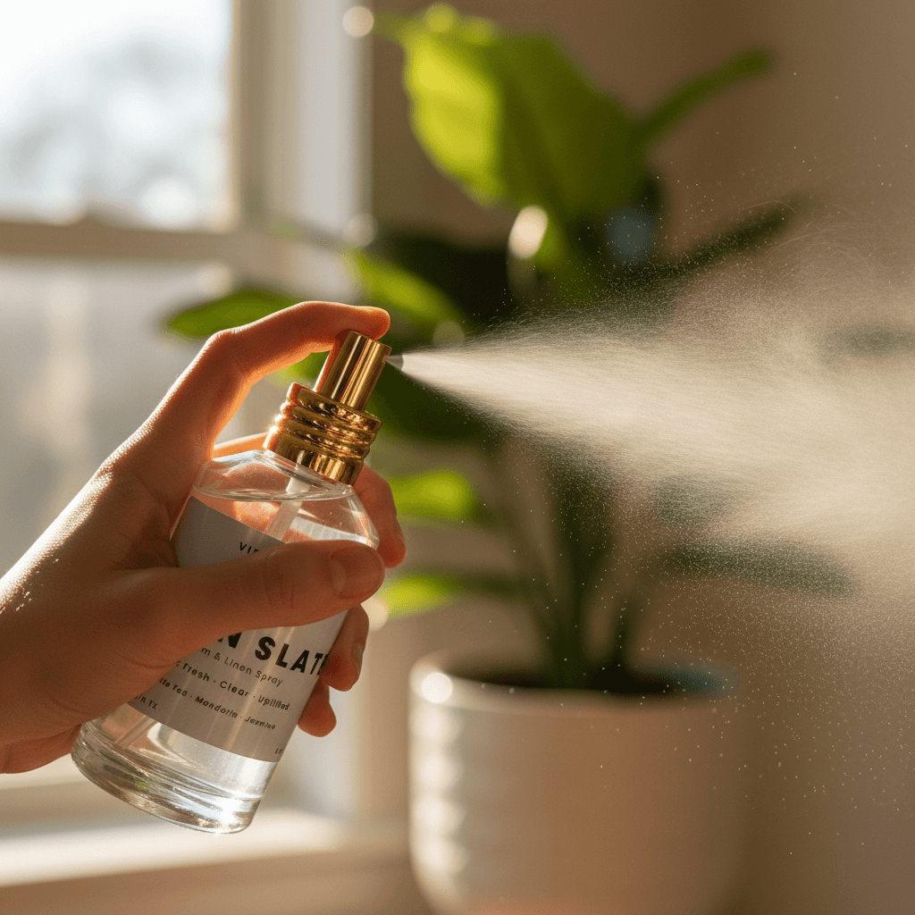 Hand spraying Vibe & Glo room and linen spray in warm sunlight, mist dispersing in front of a green houseplant for a clean, fresh home fragrance moment.