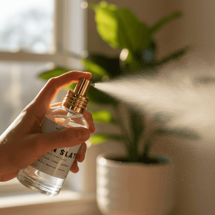Hand spraying Vibe & Glo room and linen spray in warm sunlight, mist dispersing in front of a green houseplant for a clean, fresh home fragrance moment.