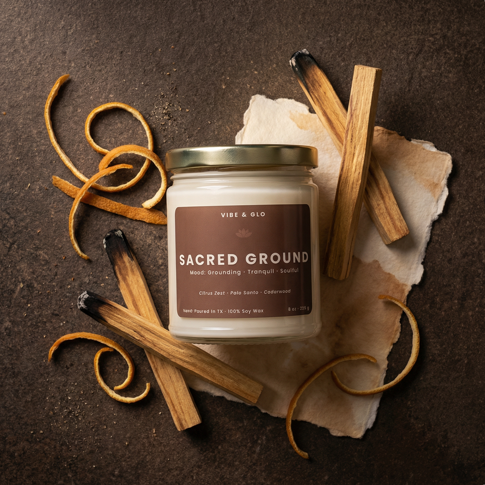 Sacred Ground 8 oz soy candle by Vibe & Glo featuring citrus zest, palo santo, and cedarwood with charred palo santo sticks and dried orange peels in an earthy flatlay.
