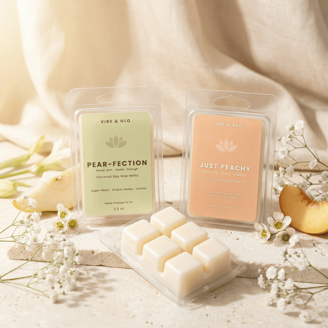 Vibe & Glo spring coconut soy wax melts featuring Pear-Fection and Just Peachy scents styled with fresh florals and fruit slices on a neutral stone surface.