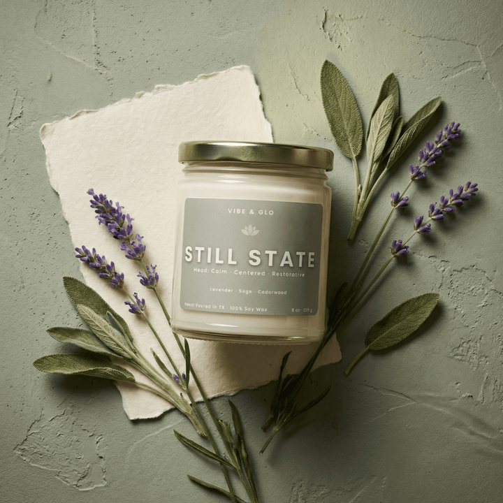 Still State 8 oz soy candle featuring lavender, sage, and cedarwood surrounded by calming botanicals in a serene spa-inspired flatlay.