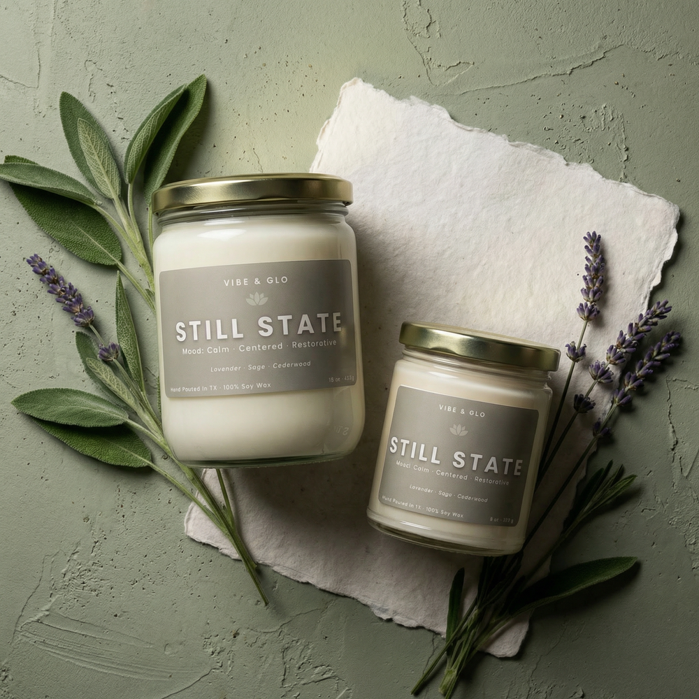 Still State lavender and sage soy candles in 16 oz and 8 oz jars with gold lids, styled with fresh lavender sprigs and sage leaves on a soft green backdrop.