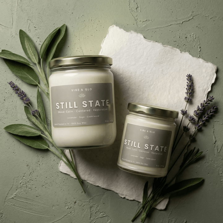 Still State lavender and sage soy candles in 16 oz and 8 oz jars with gold lids, styled with fresh lavender sprigs and sage leaves on a soft green backdrop.
