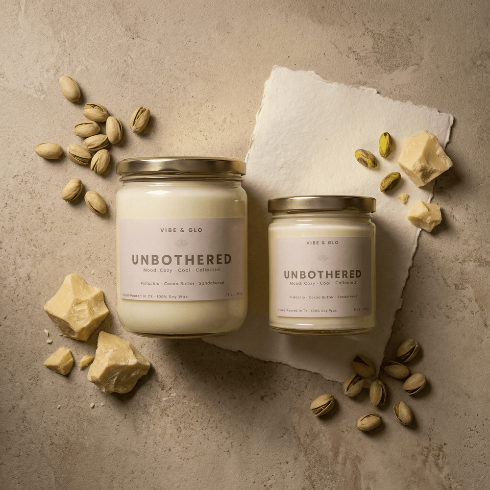 Unbothered pistachio and cocoa butter soy candles in 16 oz and 8 oz glass jars with gold lids, styled with pistachios and cocoa butter chunks on a warm neutral surface.
