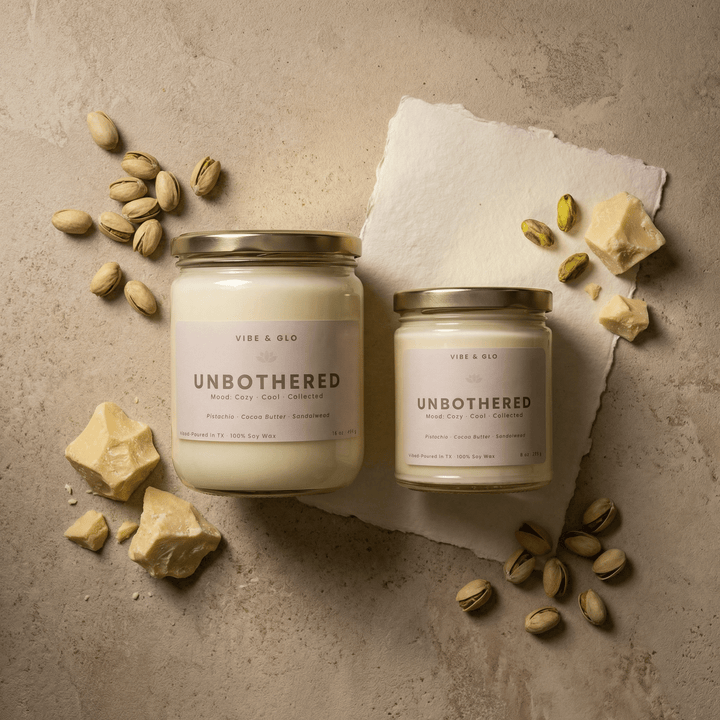 Unbothered pistachio and cocoa butter soy candles in 16 oz and 8 oz glass jars with gold lids, styled with pistachios and cocoa butter chunks on a warm neutral surface.