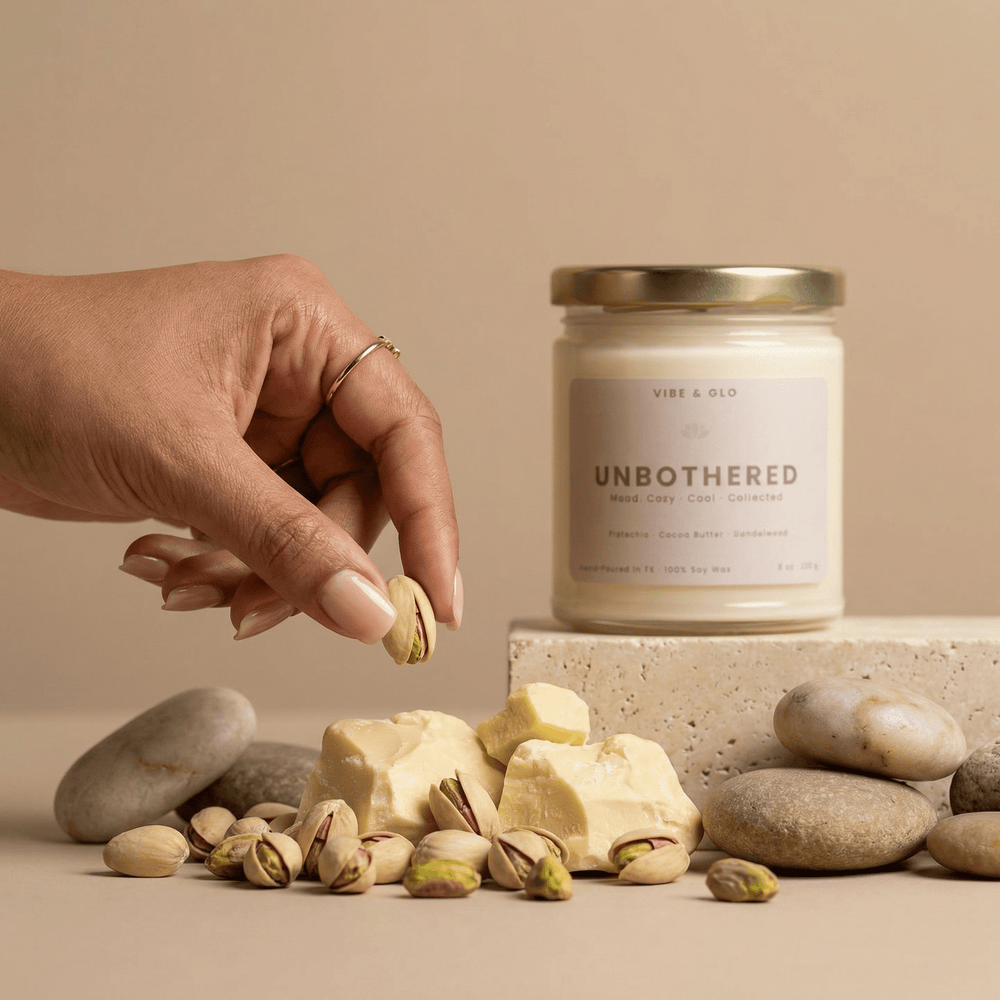 Vibe & Glo “Unbothered” soy candle styled with pistachios, cocoa butter pieces, and neutral stones, capturing a cozy, grounded home fragrance mood.