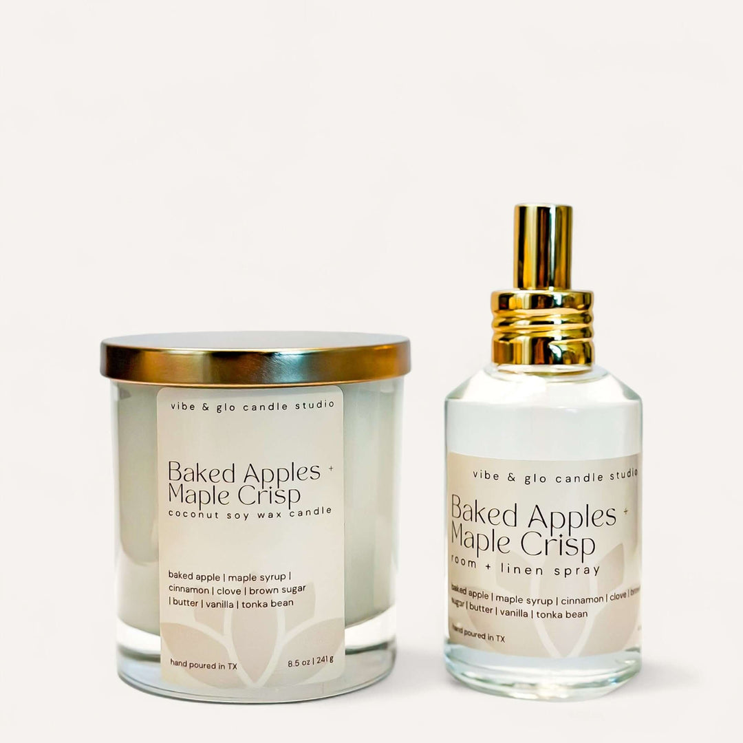 Baked Apples + Maple Crisp candle and room spray bundle featuring coconut soy wax, ideal for fall home fragrance.